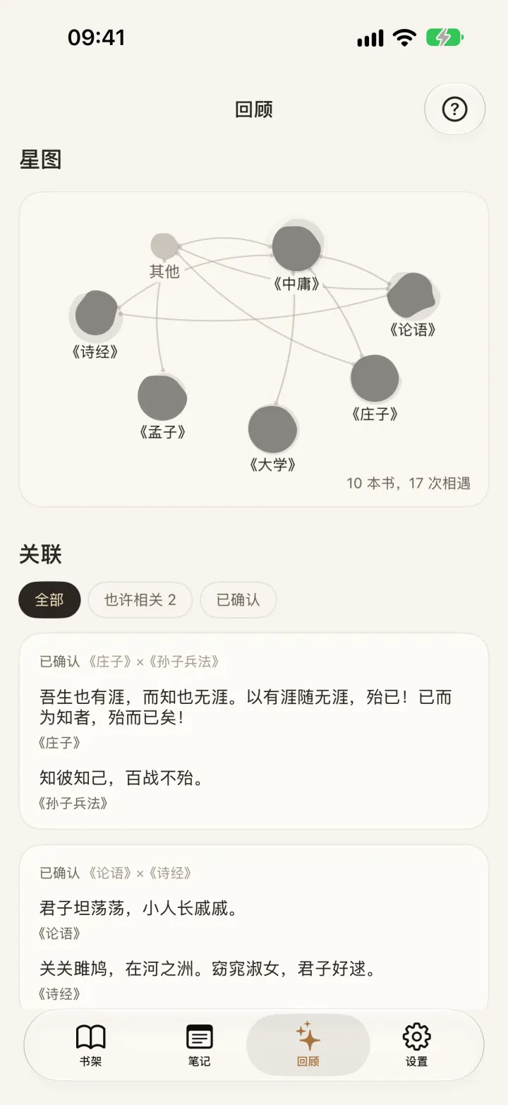 星图和关联列表。每本书是一颗星，相近的句子连在一起。
