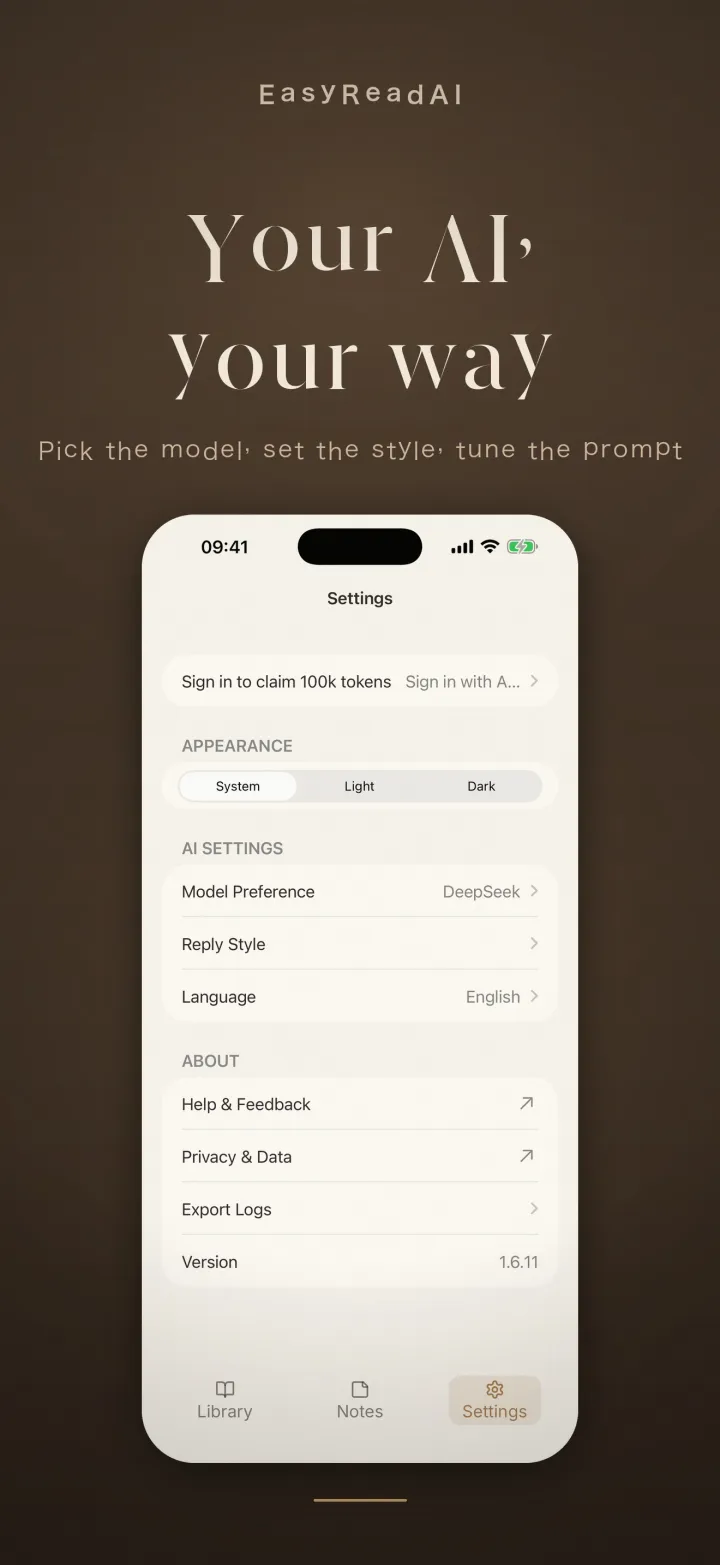 EasyReadAI AI model settings in English